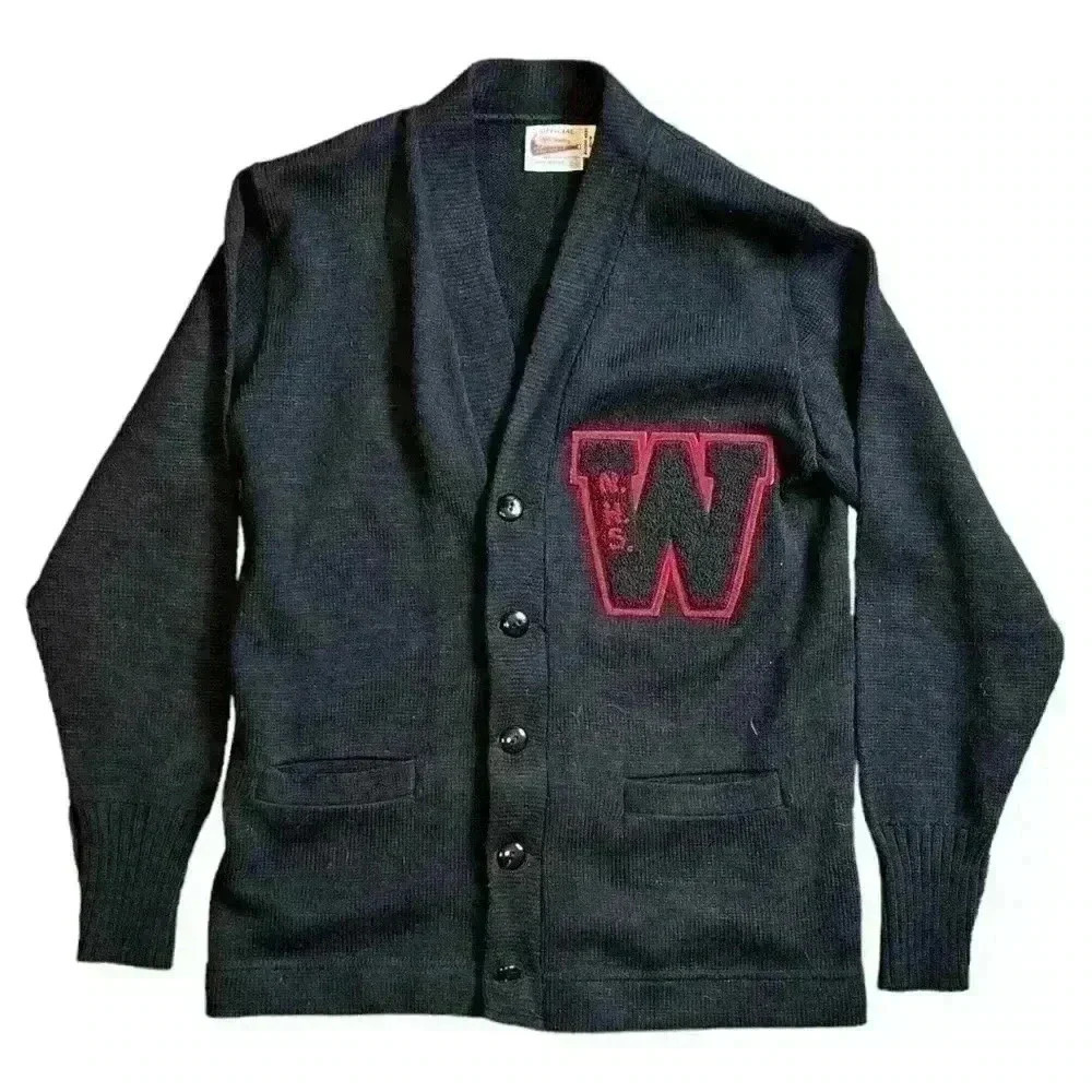 Vintage Dehen Knitting Black V Neck Varsity Cardigan Letterman Sweater w/ W sz38